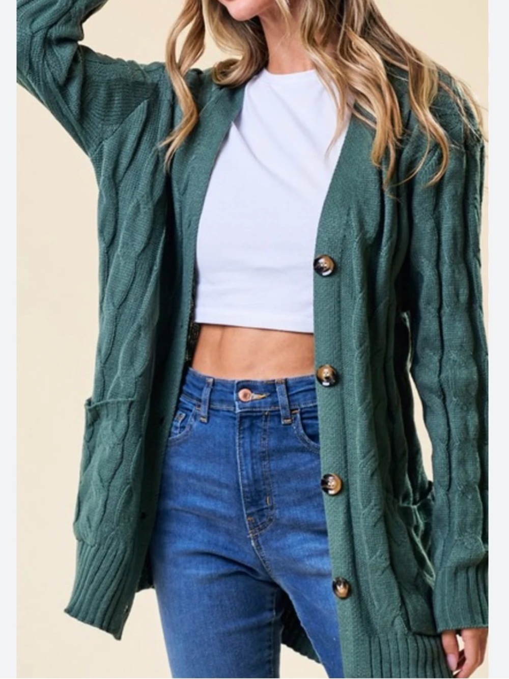 Olive green Cable Knit Button-Down thick Sweater Cardigan - Picture 1 of 8